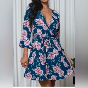 NWT Blue Rose Floral Print Wrap Dress V Neck Mini Skater  Dress